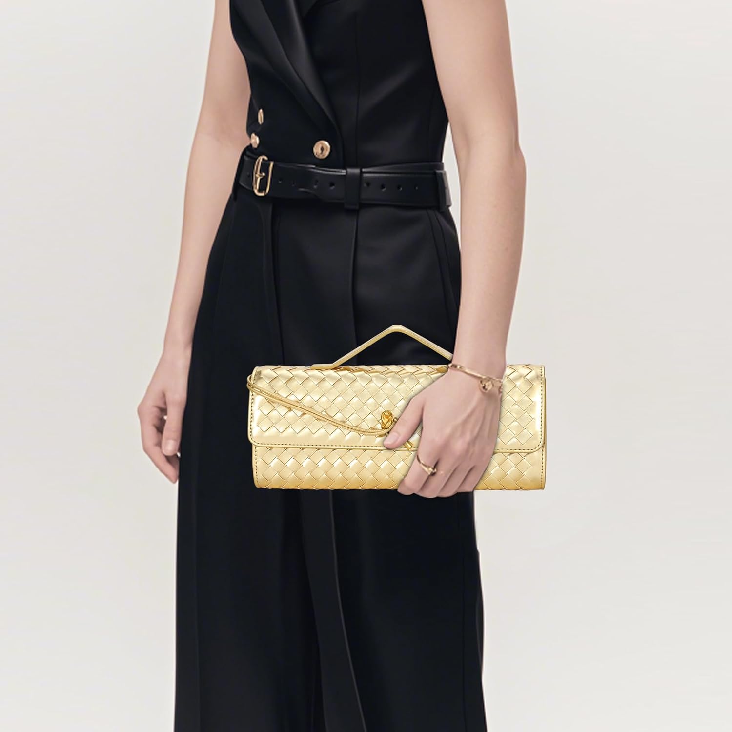 Pu Leather Woven Bag Purse,Black Clutch, Woven Evening Bag For Women 11.8" x 1.7" x 4.9" - Image 3