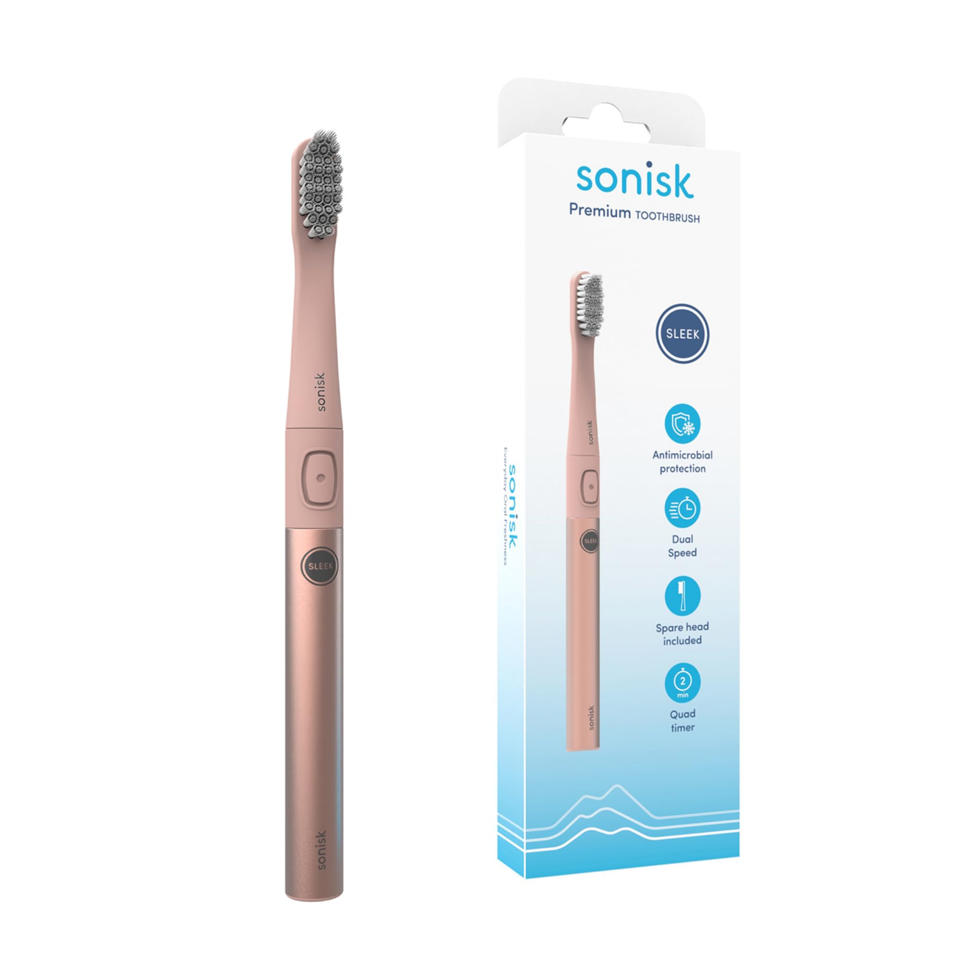 SoniskSleek | Electric Sonic Toothbrush for Adults | Rechargeable Battery | 3 Cleaning Modes and 2 Brush Heads (Rose Gold)