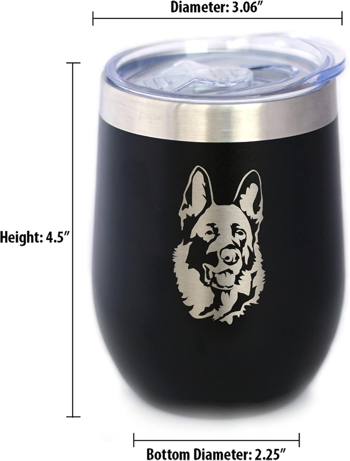 German Shepherd Wine Tumbler with Sliding Lid - Stemless Stainless Steel Insulated Cup - German Shepherds Outdoor Camping Mug - Black