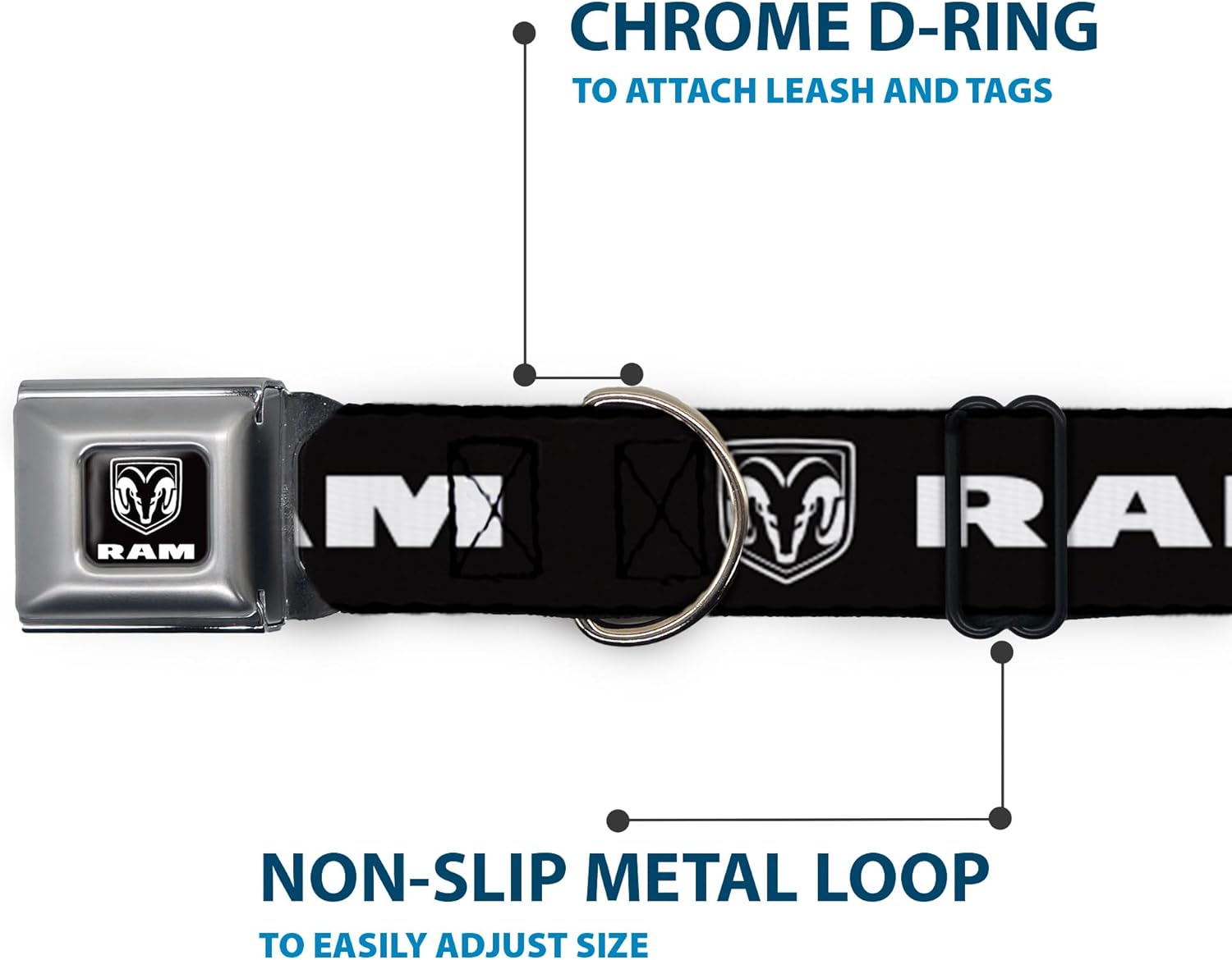 Buckle-Down Seatbelt Buckle Dog Collar - RAM Shield Logo/Bold Text Black/White - 1.5" Wide - Fits 13-17" Neck - Small