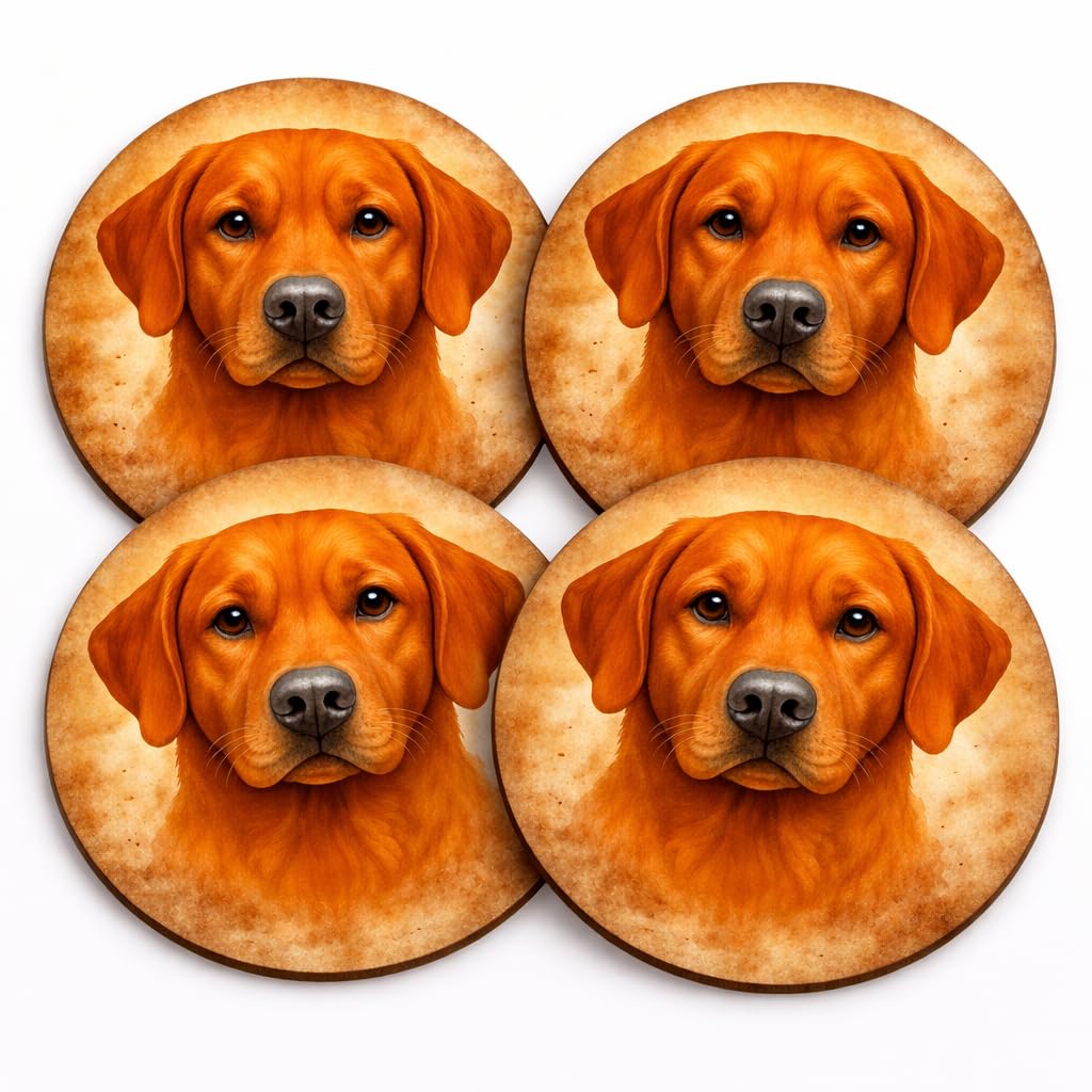 Fox Red Labrador Dog Art Coasters, Set of 4, 9cm Round MDF with Cork Backing, Golden Tones Portrait Design