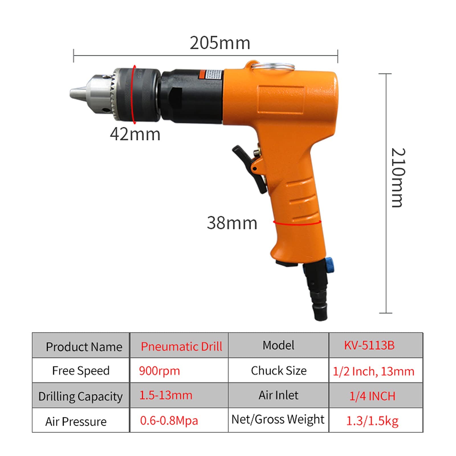 Taladro neumático reversible de 13 mm, 1/2 pulgadas, 900 rpm
