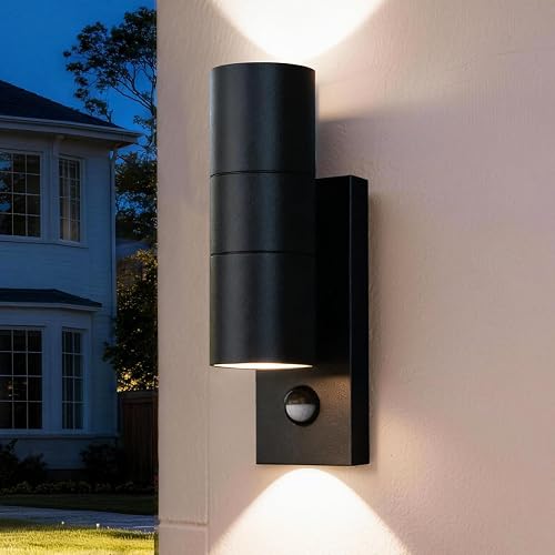 NBHANYUAN Lighting Outdoor Wall Light with Motion Sensor,Up Down Light with Sensor, IP44 Waterproof, Aluminium Modern Black Wall Light Mains Powered for Front Door, Porch, GU10 Bulb x 2 Excl.
