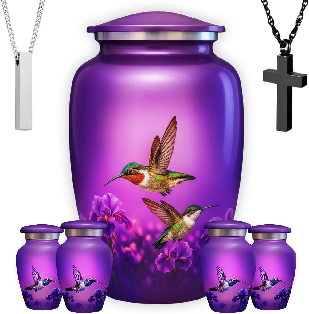 Set of 6 Hummingbird Decorative Funeral Urns for Ashes Adult Male & Female Includes 1 Large Urn with 4 Small Keepsakes & 1 Silver NecklaceUrn (Hummingbird Large Set, Urns)