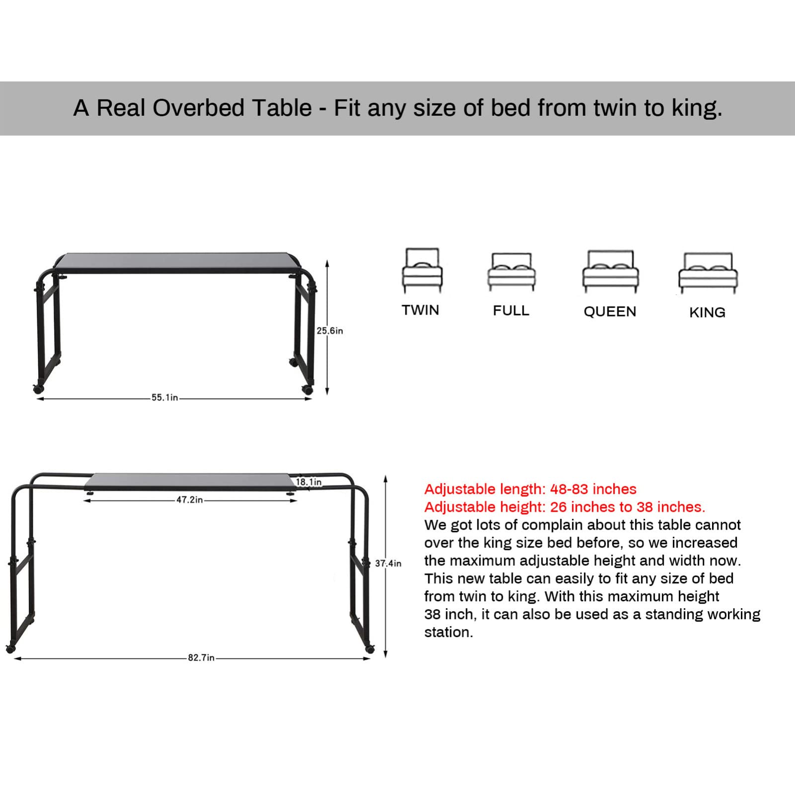 Poste de travail debout à hauteur réglable avec roulettes et plateau de nourriture pour lit double/double/grand lit/king size (couleur bois)