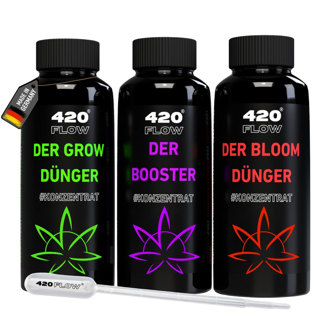 420Flow® Dünger Set Indoor & Outdoor – Hanfdünger für Wachstumsphase & Blütephase Grow, Bloom & Booster Flüssigdünger Komplettpaket Nährstoffversorgung Starter Set (250ml)
