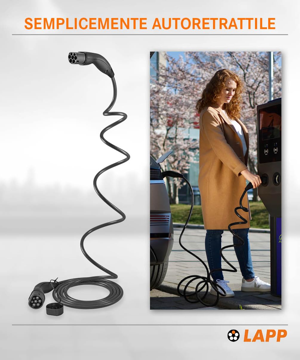 Lapp Mobility Helix - Cavo di Ricarica Tipo 2, 22 KW/autoavvolgente, 32 A, 3 Fasi, per Auto elettrica, modalità 3/5 m