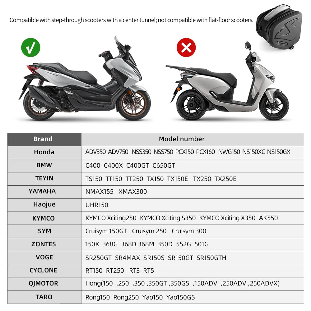 Rhinowalk Sacoche tunnel pour scooter, coque rigide en ABS, 16 l, sac de moto avec tunnel central, avec compartiment pour écran tactile, poignée de transport, bandoulière et housse de pluie