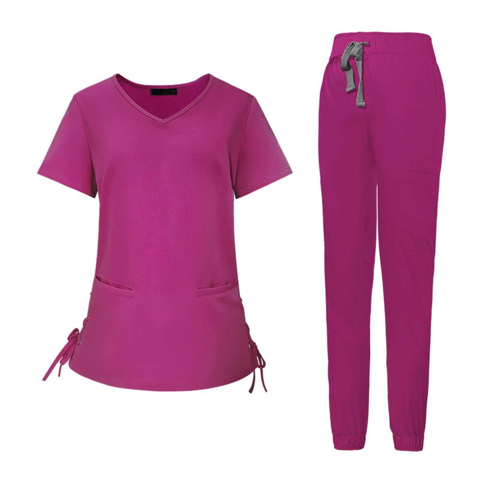 kowaku Set Scrub da Donna Divise da Lavoro da Infermiera Abbigliamento da Lavoro Scollo a Pantaloni da Jogger Eleganti Morbidi e Resistenti alle, Rosa scuro L
