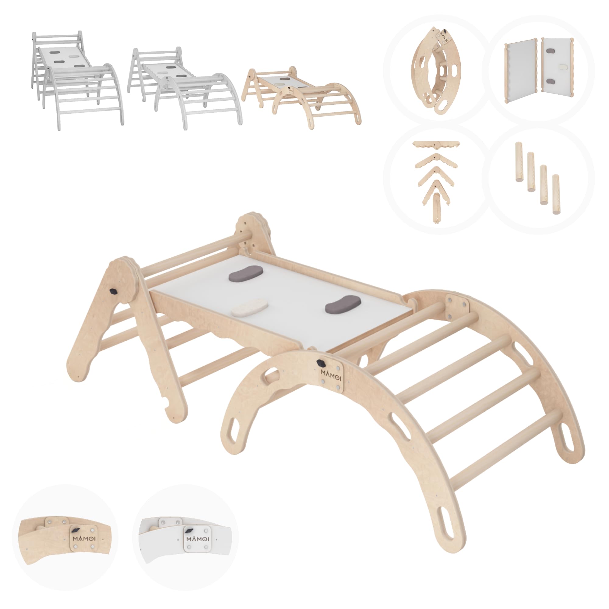 MAMOI® Set de Estructura de Escalada Interior, triángulo de Escalada con tobogán de Madera, Arco trepador, bebé niños, balancín Arco Iris con Tabla Deslizante, Arco de Madera para Parque Infantil a