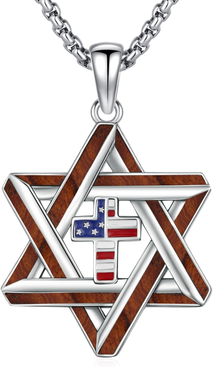 MEDWISE Star of David 925 Sterling Silver American Flag Necklace, Ebony Wood Star of David Pendant Protection Jewish Jewelry for Women Men Husband Father Son with 22+2 inch Chain Birthday