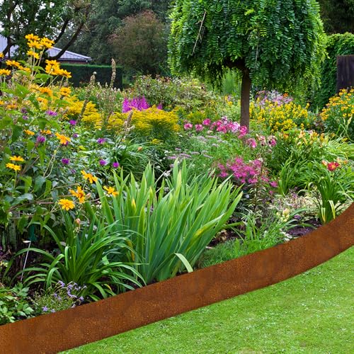 Vehipa Garten Rasenkante aus Cortenstahl 10m, 14cm Höhe Cortenstahl Rasenkante für DIY-Rasen, Rasenkantenband mit Rost inklusive 1 Paar Handschuhe, Rasenkanten Corten-Stahl Beeteinfassung für Garten