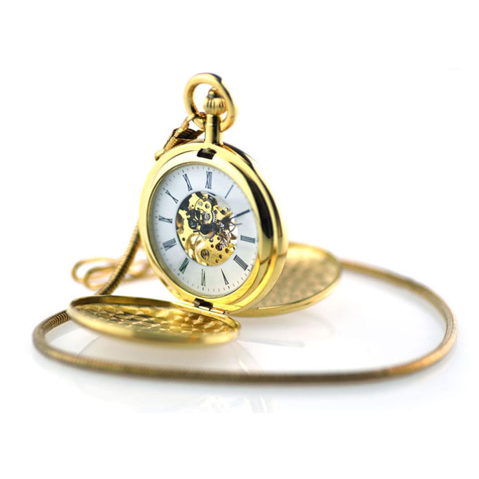 Relojes de Bolsillo, con Cadena Relojes mecánicos de Doble Cubierta Cobre Colgantes números Romanos Dorados en Caja