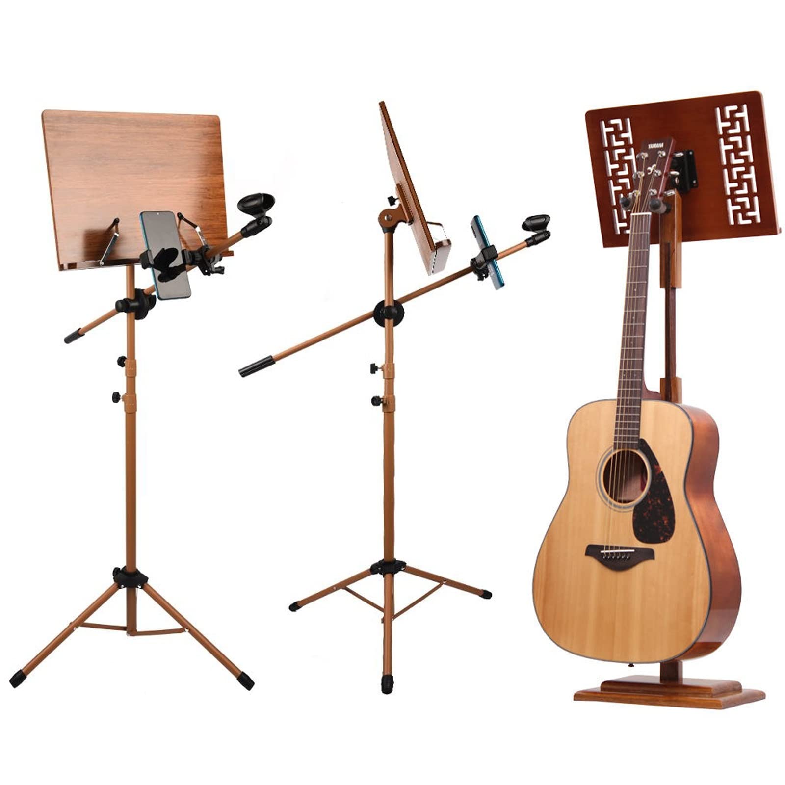 Atril con Soporte para Teléfono Y Micrófono, Soporte para Libros De Bambú De Doble Uso Dos En Uno, Atril para Partituras con Colgador para Violín, Adecuado para Diversas E,Wood-17 * 45 * 75cm