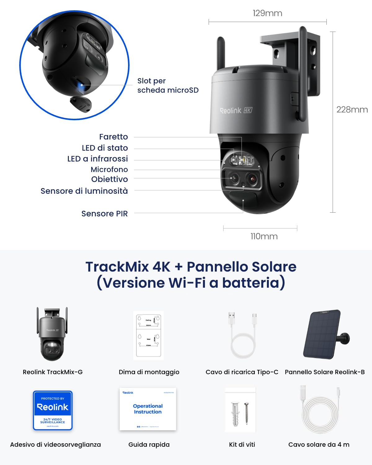 Reolink 4K Telecamera Senza Fili da Esterno a Batteria, Trackmix Grigio | 360° PTZ con Pannello Solare, Tracciamento Automatico, Doppia Lente, Visione Notturna a Colori, Rilevamento Intelligente