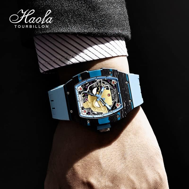Miniatura 2 de Haofa Reloj mecánico automático para hombre, esqueleto Sanxingdui, cara dorada, bisel de fibra de carbono, reloj de pulsera luminoso, zafiro,