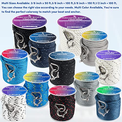 Premium Anchor Rope 100 Ft X 3/8 Inch, Solid Braid Mfp Anchor Line Boat Rope Marine Rope,Boat Anchor Rope With Thimble & Shackle - Navy Blue #TOP6