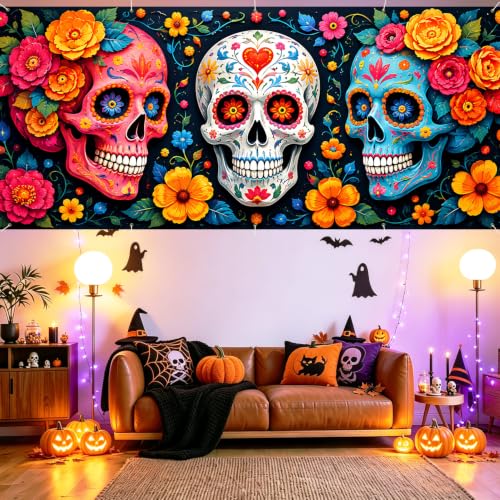 Image of Halloween Garage Door Decorations 7 x 16 ft, Sugar Skull Cover