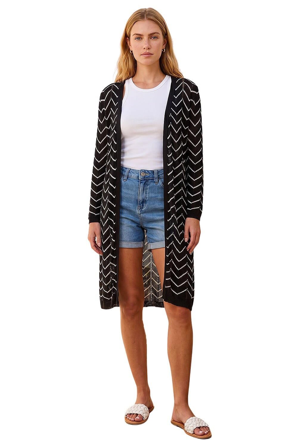 Roman Women's Black Zig Zag Longline Cardigan Sweater In | : Size 20