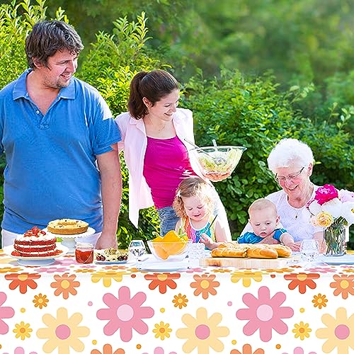 Image of Augisteen Groovy Daisy Tablecloth Plastic Boho Flowers Table Covers Retro Hippies Flower Disposable Rectangle Tablecloths for 70s Boho Birthday Baby Shower Wedding Party 54 x 108 Inch, 4 PCS