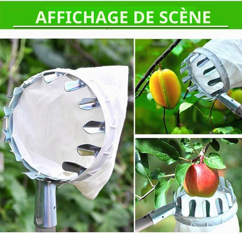 TUIBEIDAMAI Cueille-fruits avec manche télescopique 4,25M, Cueilleur de pommes Diamètre 16 cm, Cueilleur de cerises avec sac en coton, Récolteur de fruits en acier inoxydable pour cerises, Récolteur