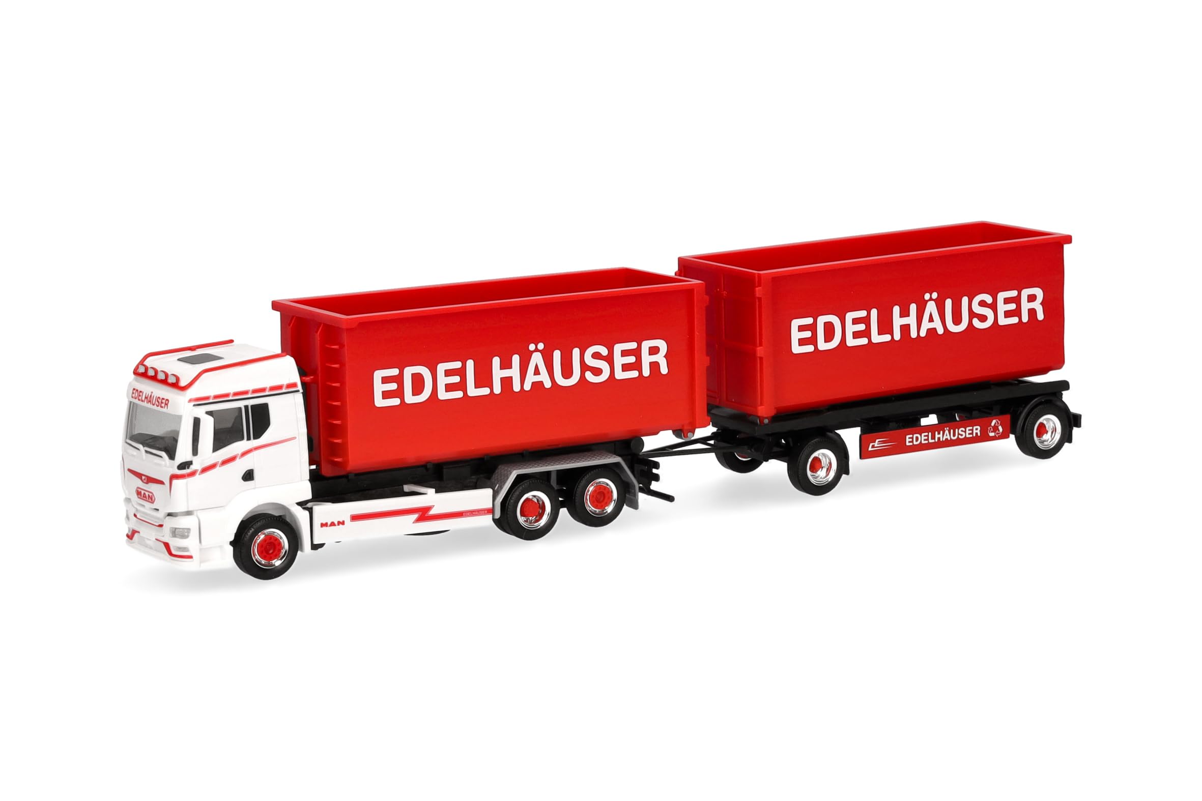 Herpa Modellino camion MAN TGS TM bilico con cassoni scarrabili "Edelhäuser", miniatura in scala 1:87, pezzo da collezione, Made in Germany, plastica