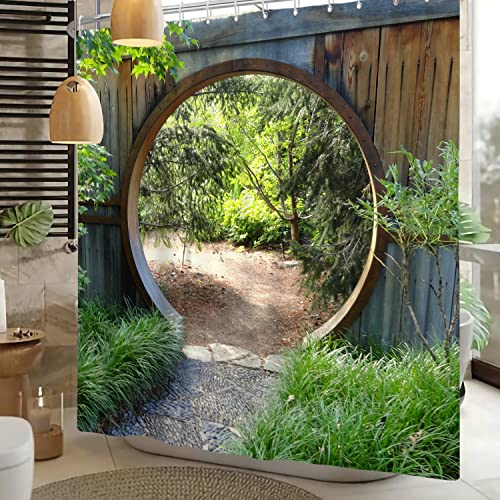 SDOTPMT 55x72inch Garden Scenery Shower Curtain Green Botany Leaves Natural Village Bath Curtain Round Wooden Door Farmhouse Vintage Bathtub Curtain for Bathroom Decor Fabric Polyester with Hooks - Image 3