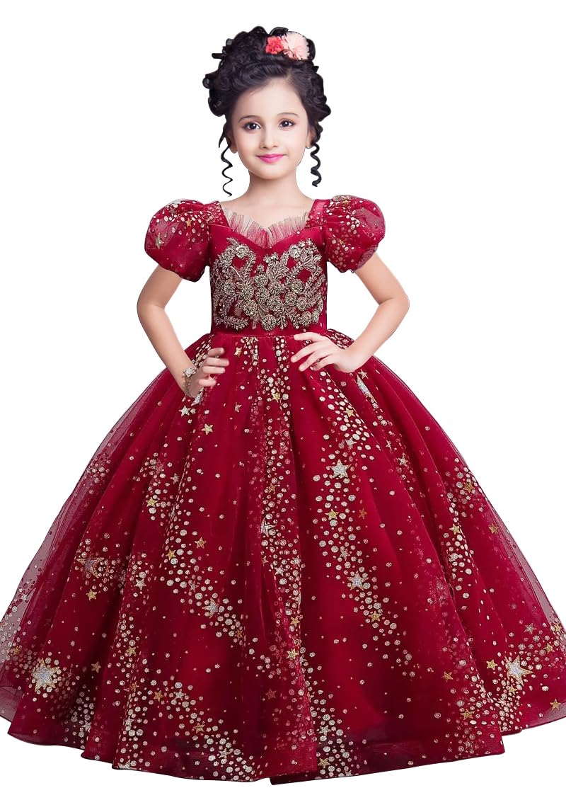 White Button New Latest Star net Birthday Kids Gown for Girls Maxi Dress Gown