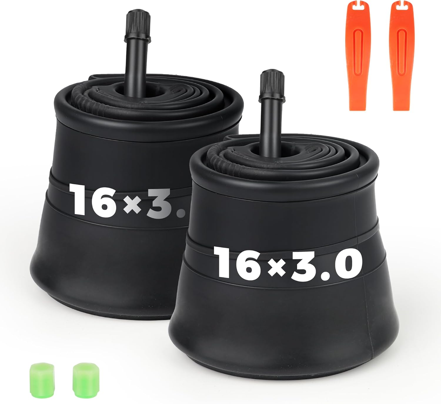 MEGHNA Fat Bike Inner Tube Set 16 x 3.0 inch, 20 x 3.0 inch Electric Bike Tire Inner Tube Schrader Valve for Heavy Duty Tire with Extra 2 Fluorescent Valve Cap, Tire Lever, for E - Bike Snow Bike