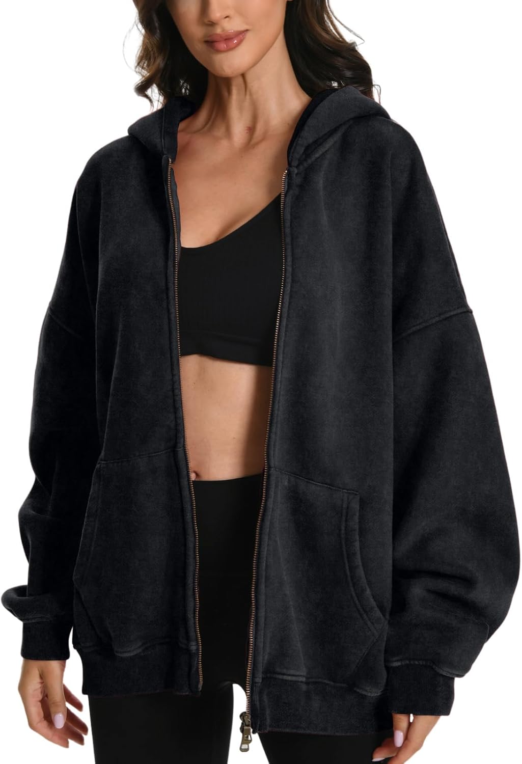 FAIABLE Womens Mens Double Zip Up Hoodie Oversized Acid Wash Heavyweight Hoodie Distress Cotton Fleece Full Zipper Sweatshirt - Image 3