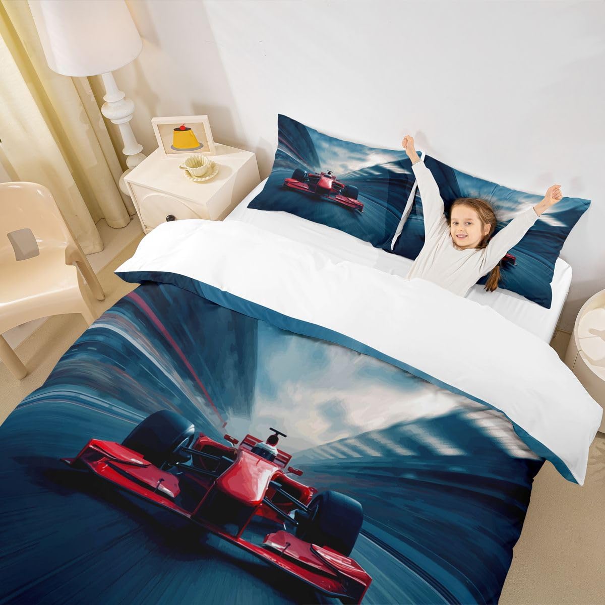 Feelyou Race Car Bedding Set Queen Size for Boys Kids Teens Men Speed Sports Car Quilt Cover Extreme Sports Theme Comforter Cover with 2 Pillowcases Automobile Soft Microfiber Zipper 3 Pcs Novely