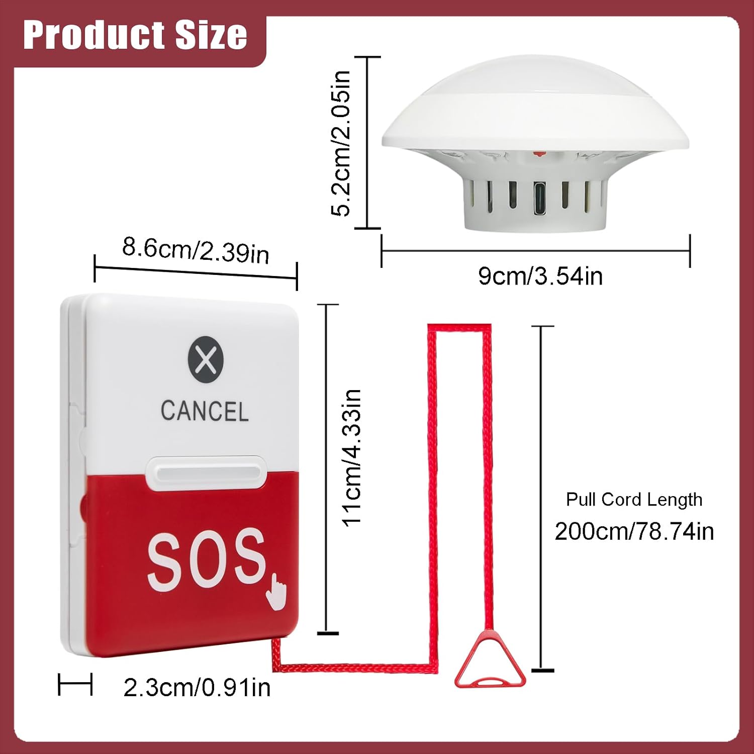 Wireless Emergency Call Button for Elderly, Bathroom Pull Cord Alarm with Strobe Light, 1 Home Care Receiver & 1 Help Button, Medical Alert System for Seniors, Disabled, Patients, Caregivers