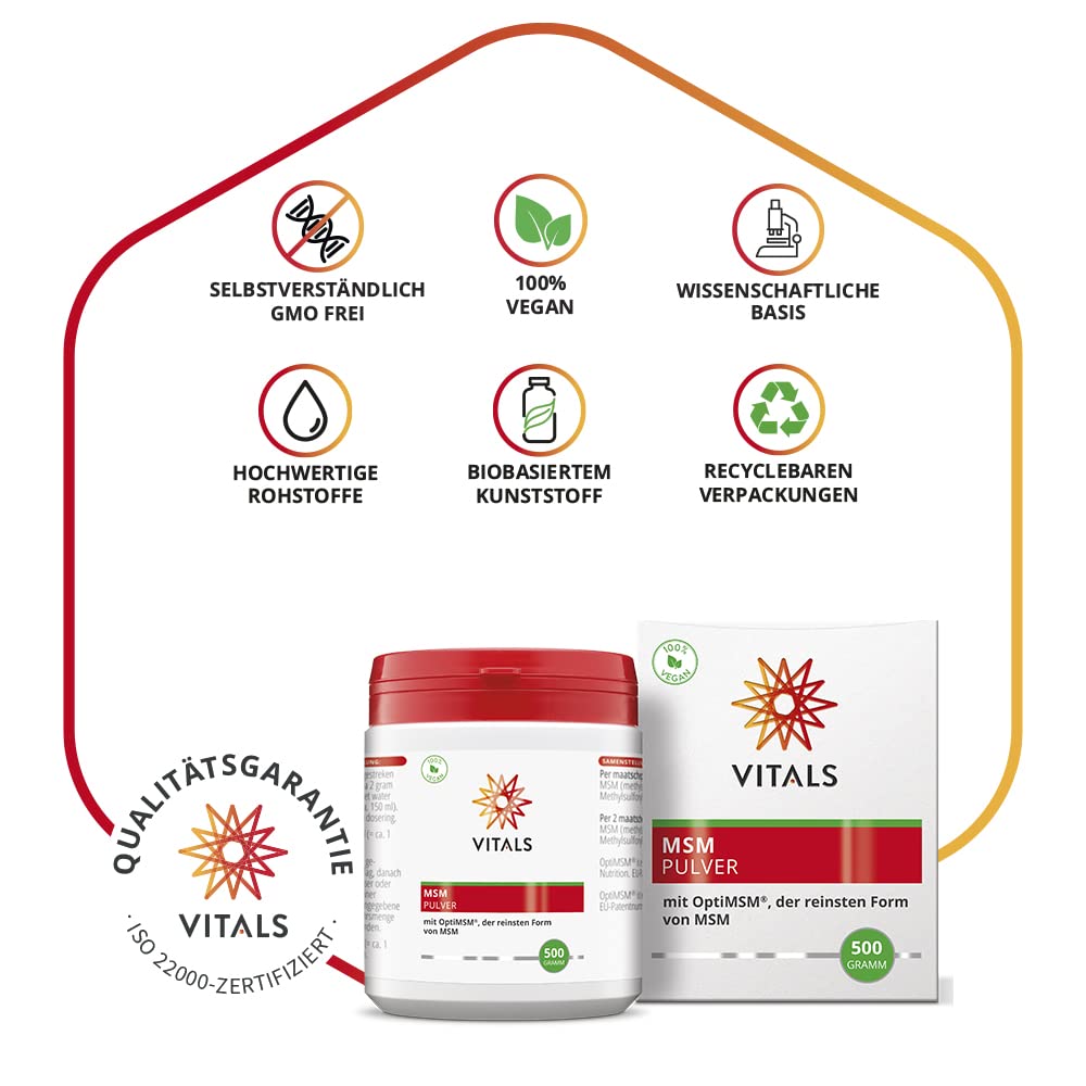 Vitals - MSM Pulver 500 Gramm mit OptiMSM, der reinsten Form von MSM. 100% reines OptiMSM, ohne Zusatzstoffe. 100% Vegan. Am meisten in Wissenschaft und Forschung eingesetzt
