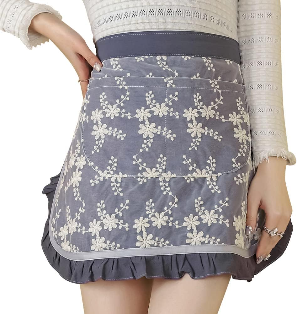 Waist Apron for women - Lovely Half Apron Cotton Lace Embroidered Server Waitress Apron Short Apron for Womens Girls