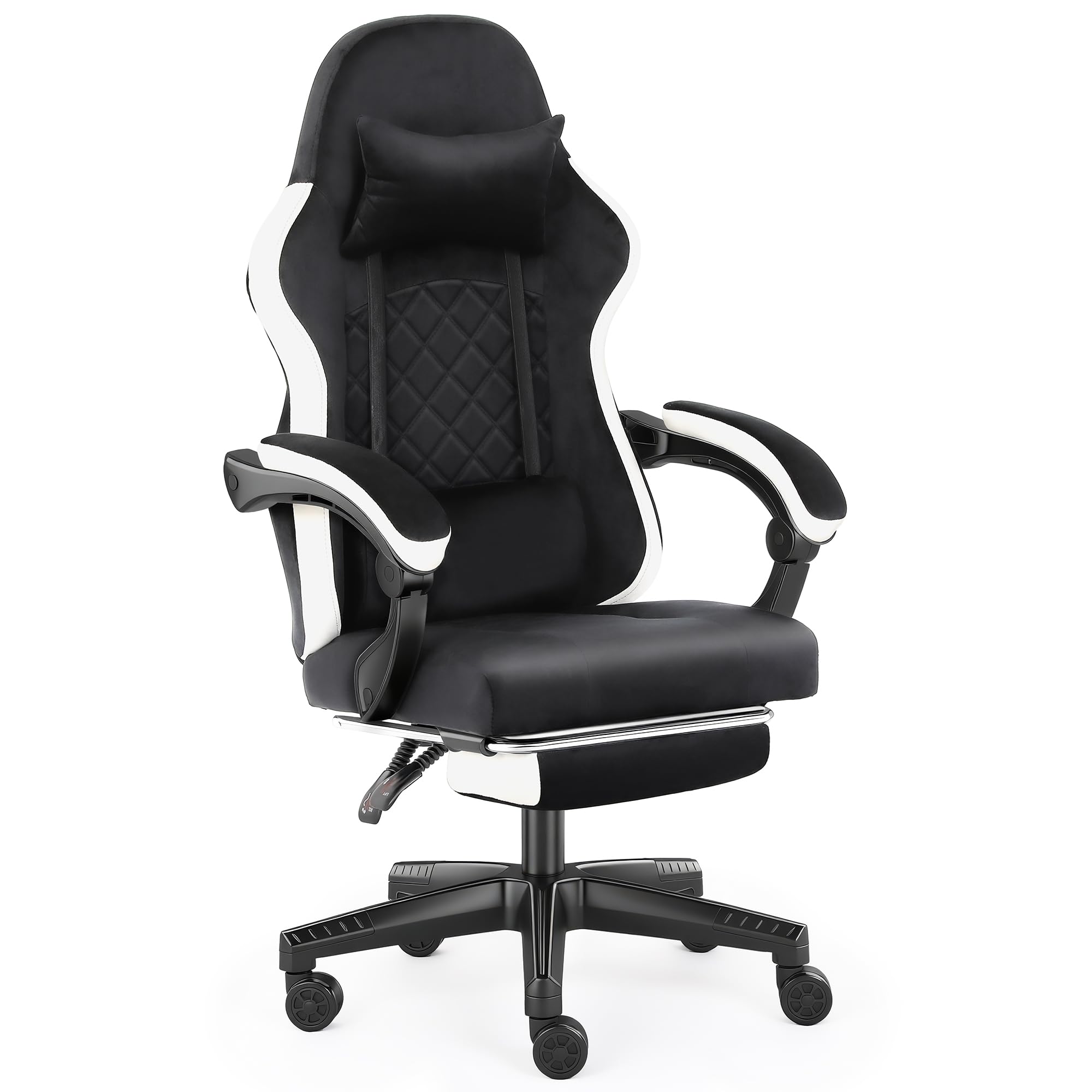 Sedia Gaming Ergonomica con Poggiapiedi, Schienale Reclinabile fino a 140°, Sedia Girevole da Ufficio con Supporto Lombare e Poggiatesta, Altezza Regolabile, Tessuto Flanella Grigio (Nero)