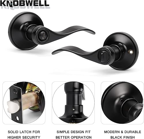 Miniatura 4 de KNOBWELL Paquete de 8 pomos de puerta color negro mate para interiores para dormitoriobaño, manijas de puerta de privacidad con cerradura de giro