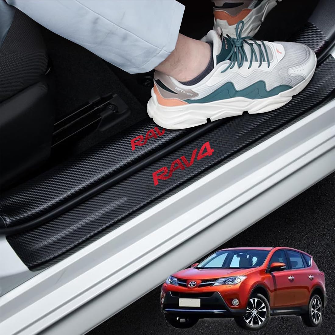 GOODGOODCAR 最新RAV4サイドステップガード スカッフプレート RAV4全系適用 RAV4内装パーツ 金箔技術 金メッキ技術 内装アクセサリー 粘着力強い 水防止 汚れ防止 傷防止 簡単取り付け ４件セット (赤)