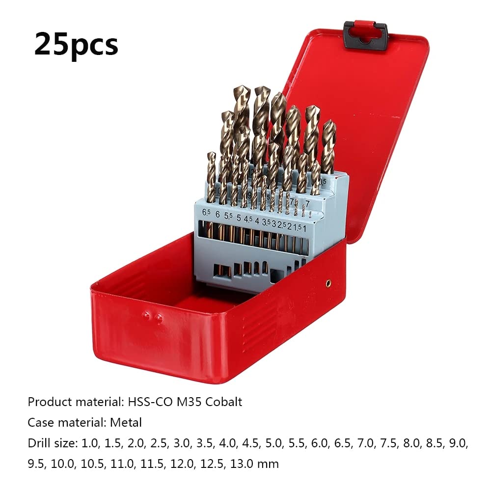 Juego de Brocas de Cobalto M35 (13 19 y 25 Piezas) para Acero Inoxidable Madera y Metal con Estuche Metálico Práctico