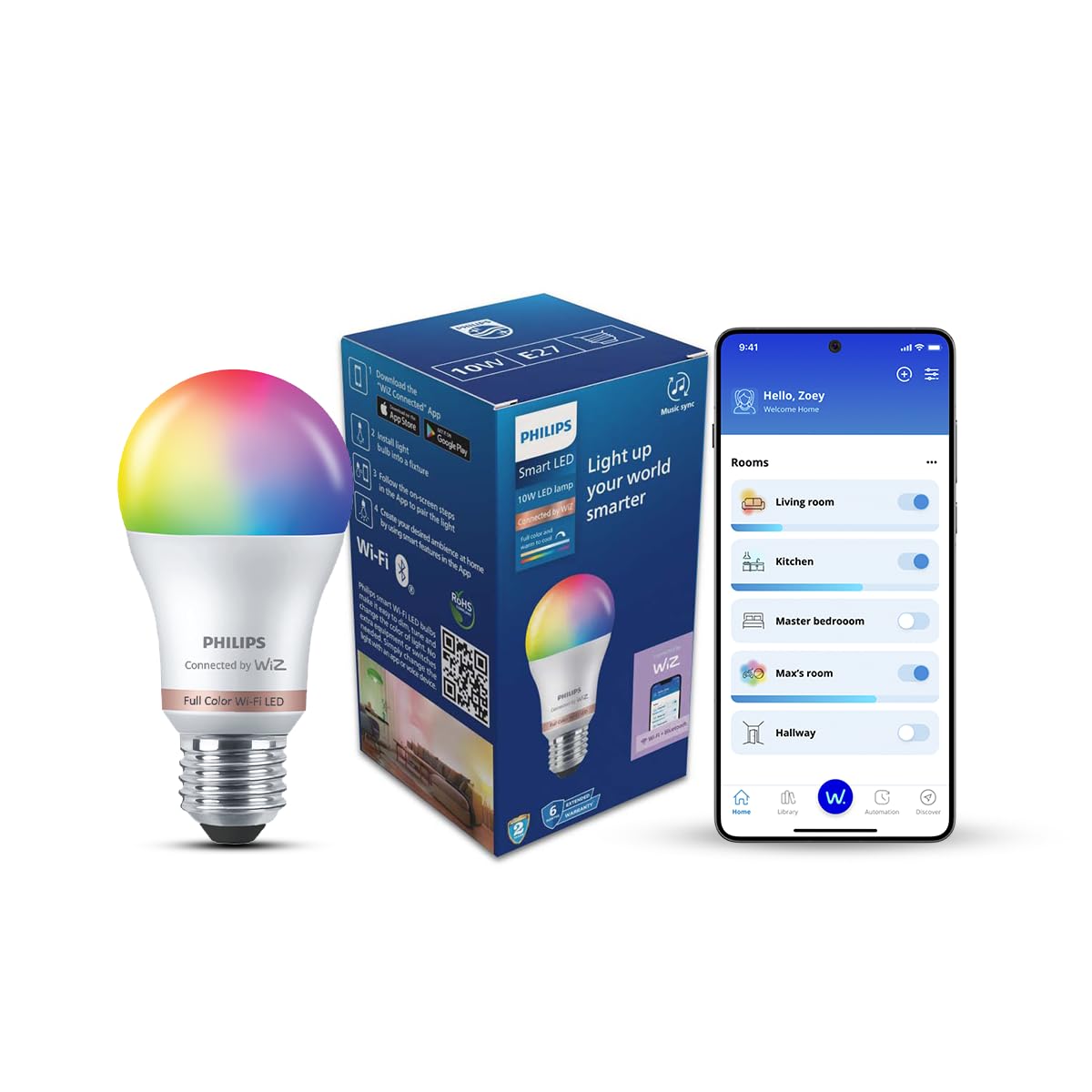 Philips Wiz Smart WI-Fi LED Bulb E27 10-Watt, 16 Million Colors , Compatible with Amazon Alexa and Google Assistant- (Pack of 1)