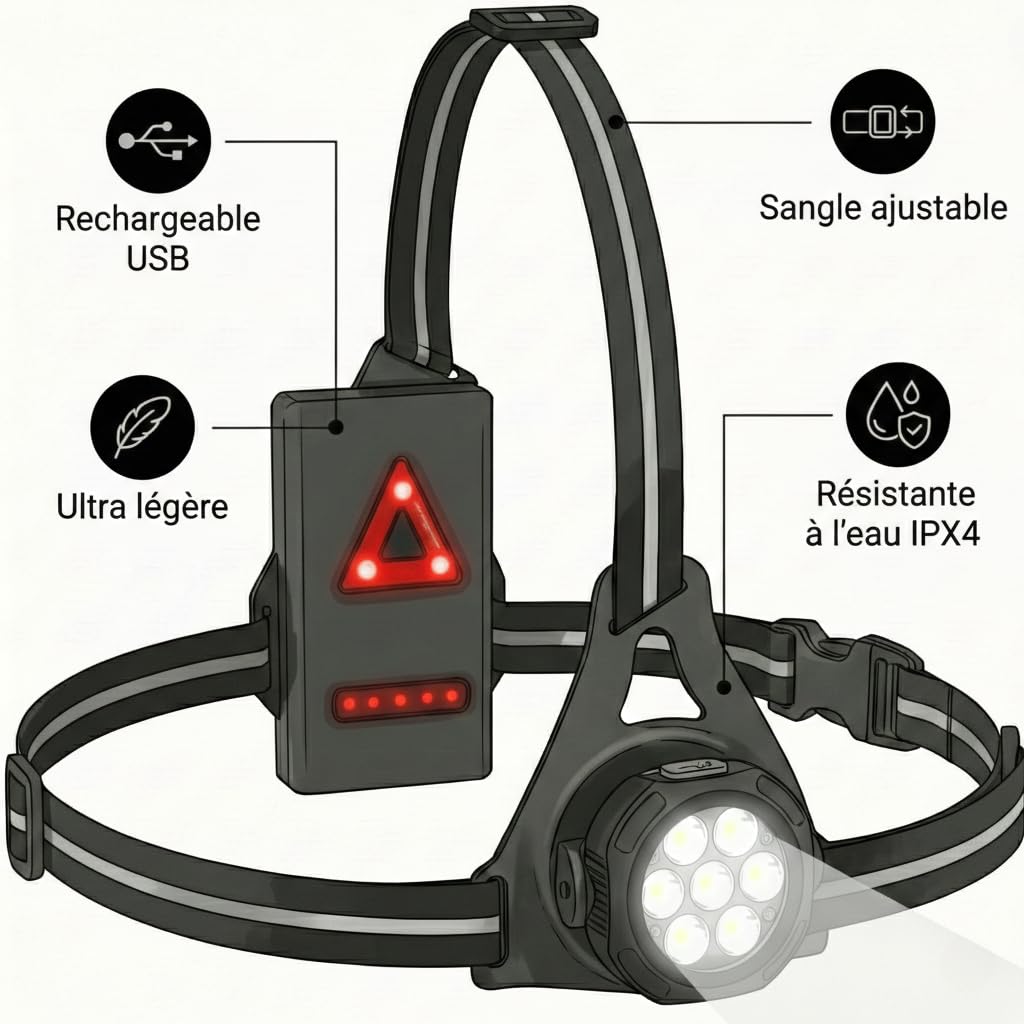 Lampe Pectorale Running Rechargeable USB-C – Lampe Course à Pied avec 7 LED Blanches Avant & 8 LED Rouges Arrière, 3 Modes d’Éclairage, IPX4 Étanche, Autonomie Longue Durée – Homme & Femme