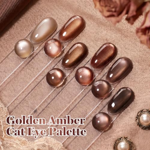 Image of Beetles Brown Cat Eye Gel Nail Polish Set - Gilded Amber 6 Colors 15ML Full Size Glitter Gel Polish Kit Glass Cat Eye Magnetic Effect Soak Off UV Nail Art Salon DIY at Home Fall Winter Nails