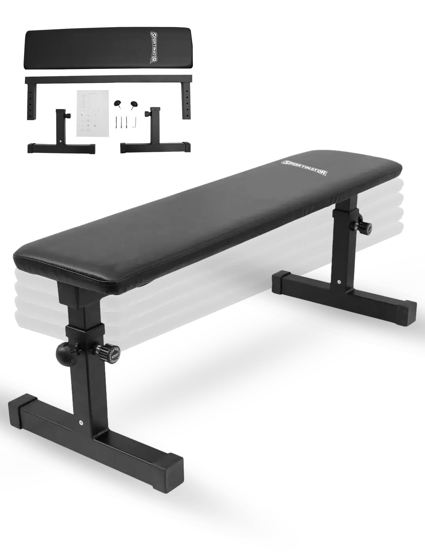 SPORTINATOR® Banc plat réglable en hauteur avec revêtement en cuir synthétique facile à nettoyer avec 3 supports et 2 bandes de résistance pour différents exercices de musculation à la maison