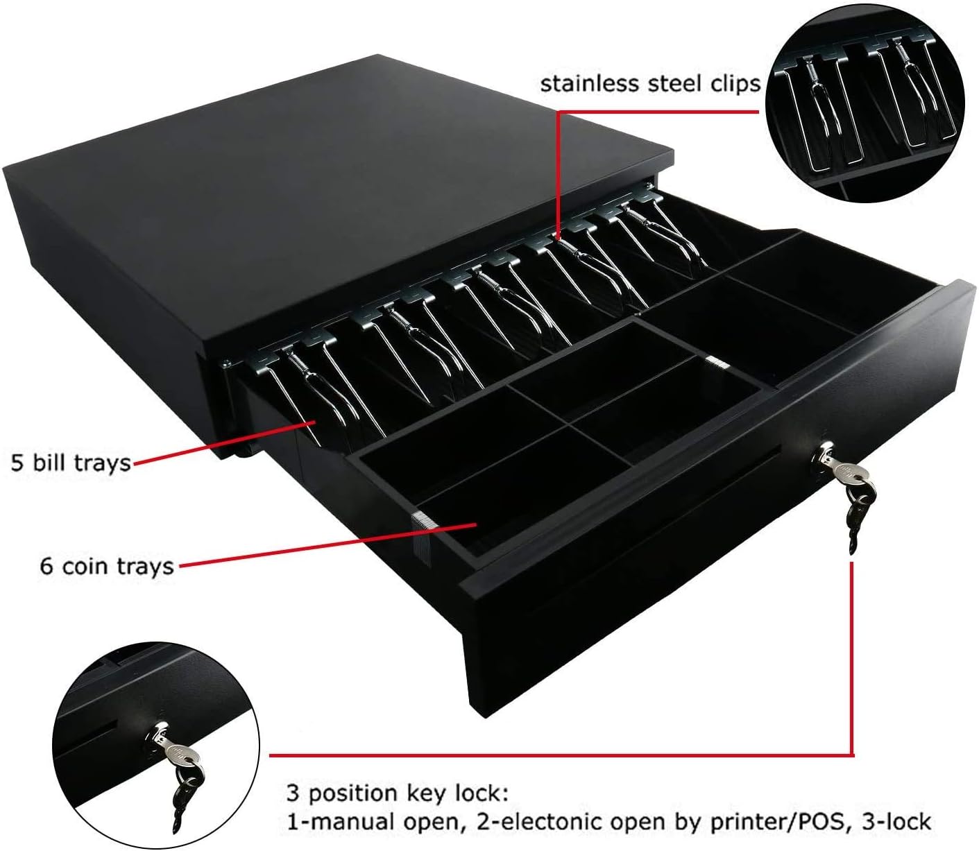 KLLsmDesign Supermarket Cash Register Trays ，Money Storage Box Tray with Lock，Includes Built in RJ11 Cable to Connect to Receipt Printer ，Five Grid Paper Money ，Six Grid Coin Piggy Bank （Black） : Office Products