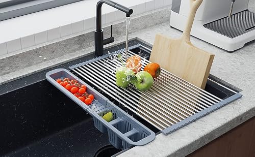 BBXTYLY Stainless Steel Extra Large Gray Drying Rack, Over The Sink, Expandable Roll Up Kitchen Drainer, Includes Removable Utensil Holder (13.6\'\'-25.1\'\') - Thumbnail 2