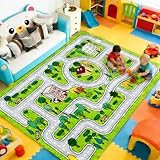 Kinder Teppich Spielteppich Straßen Maschinenwaschbar Kurzer Flor Pädagogischer Spielteppich， Rutschfest Autoteppich Junge Mädchen für Schlafzimmer & Spielzimme（80x150 cm） (Grün, 100*160cm)