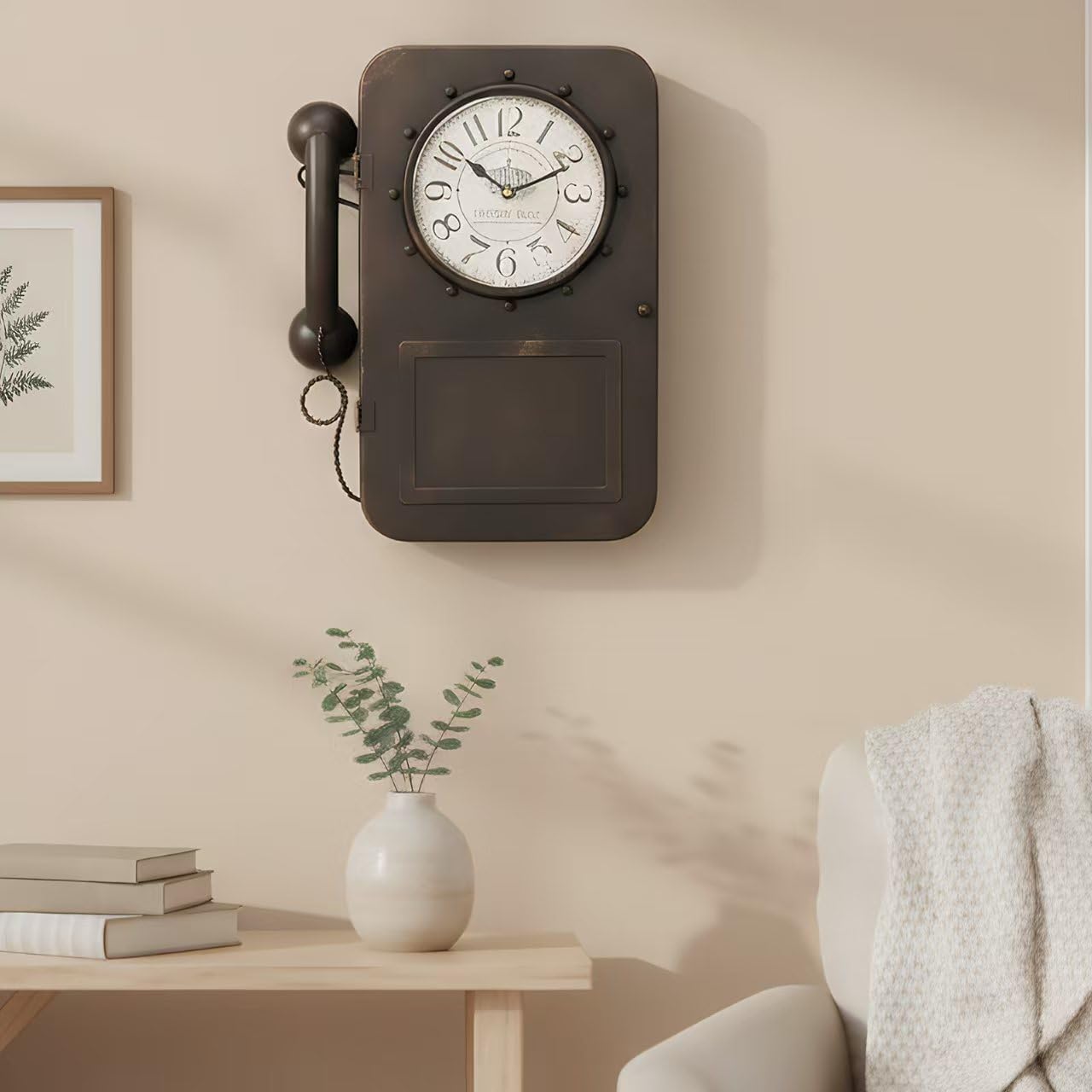 Antique Wall Clock Vintage Clock with Hidden Storage Compartment, Little Brown Black Telephone Wall Clock,Large Retro Style Vintagel Clock