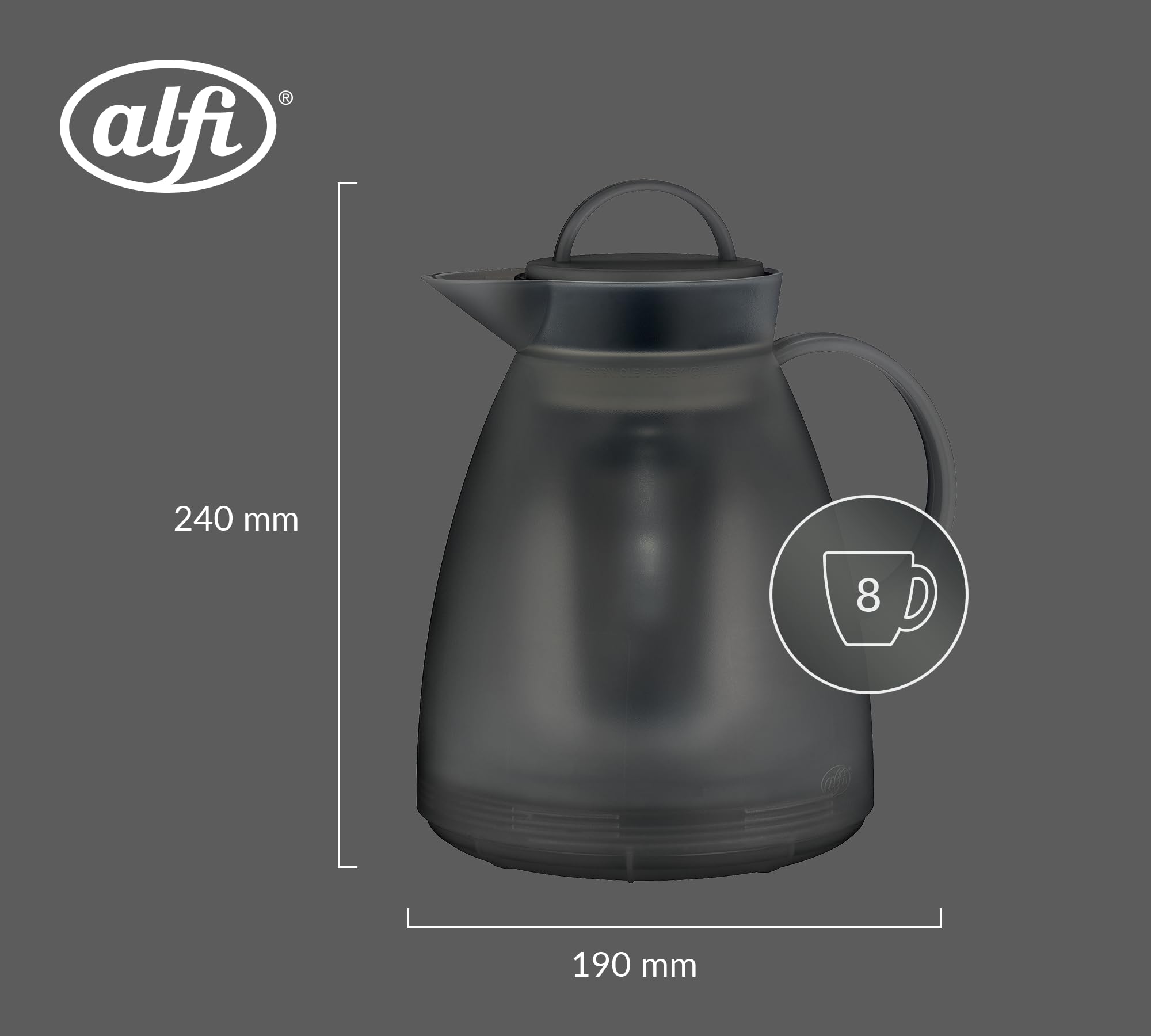 alfi DAN TEA Isolierkanne 0,94 l, 3 h heiß, mit Teesieb, smoke | Teekanne mit integriertem Filter, Thermoskanne mit absolut dichtem Drehverschluss, 6 h kalt, grau transparent