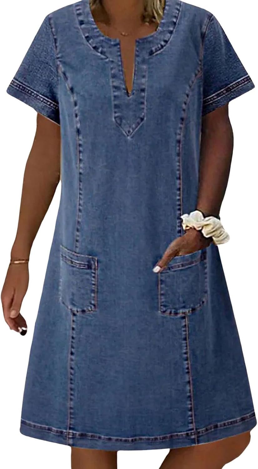 loveimgs Women Casual Short Sleeve Denim Dress V Neck Tunic Mini Jean Shift Dress Jumper Knee Length Boho Sundress Pocket