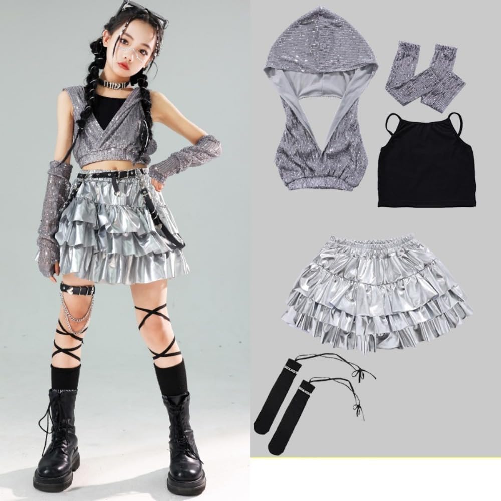 シルバー キッズダンス衣装 セットアップ 女の子 スパンコール フード付き ジャズ ヒップホップ チア ダンス衣装 y2k子供服 ス