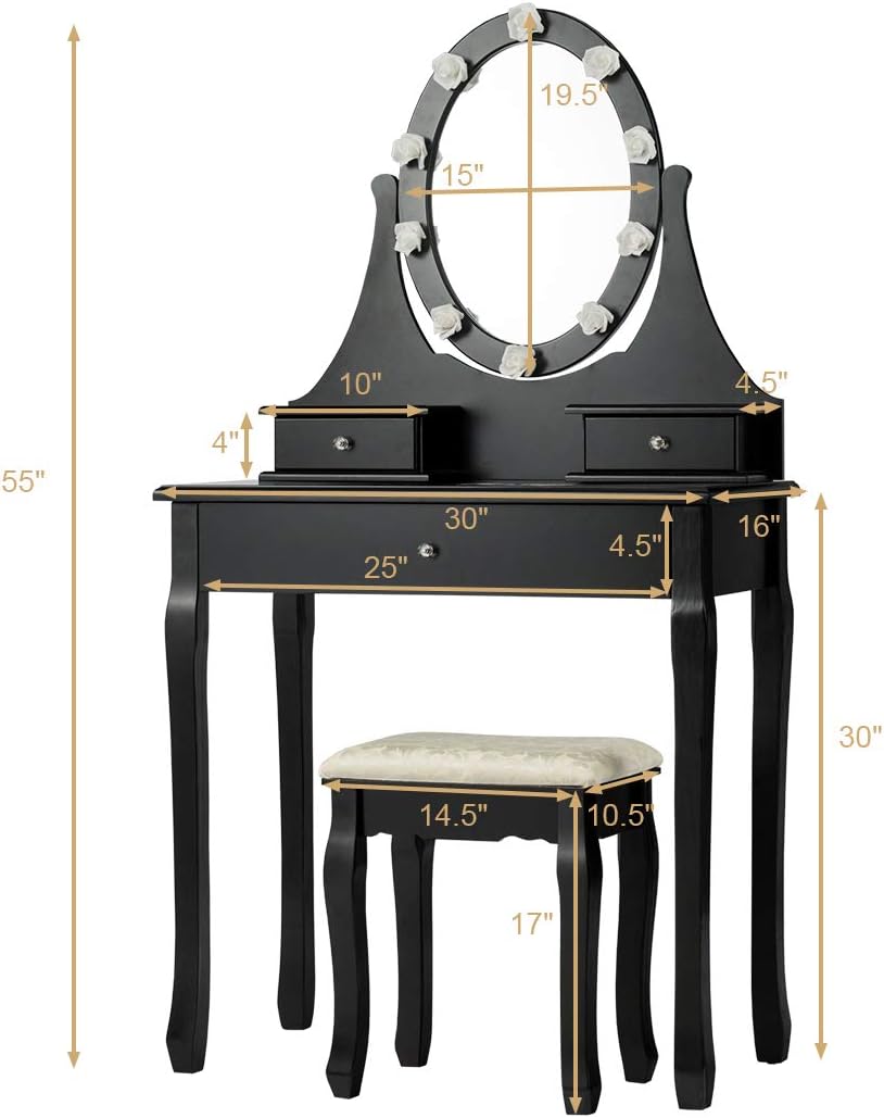 GOFLAME Dressing Table Set, Vanity Set with 360° Rotating and Lighted Oval Makeup Mirror, 3 Drawers Dressing Table with Cushioned Stool, Vanity Table Set for Girls Women, Perfect for Bedroom (Black)